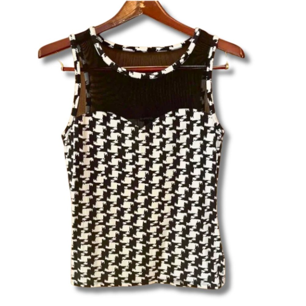 Express Houndstooth Sleeveless Top with Sheer Mesh Detail | Large